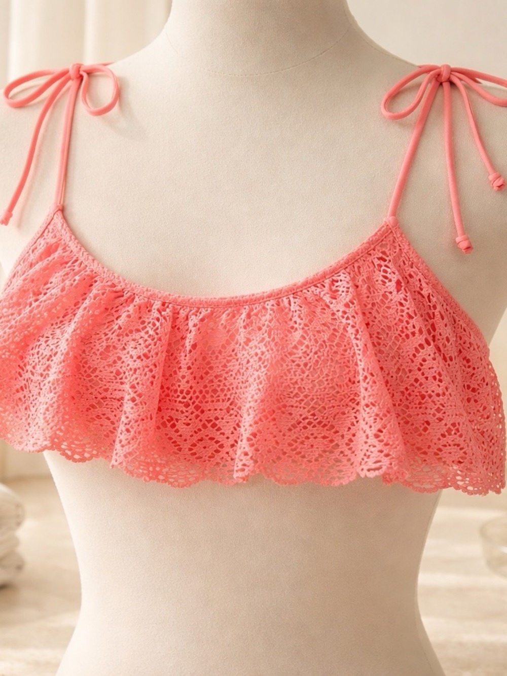 PINK Victoria's Secret Coral Pink Lace Ruffle Bandeau